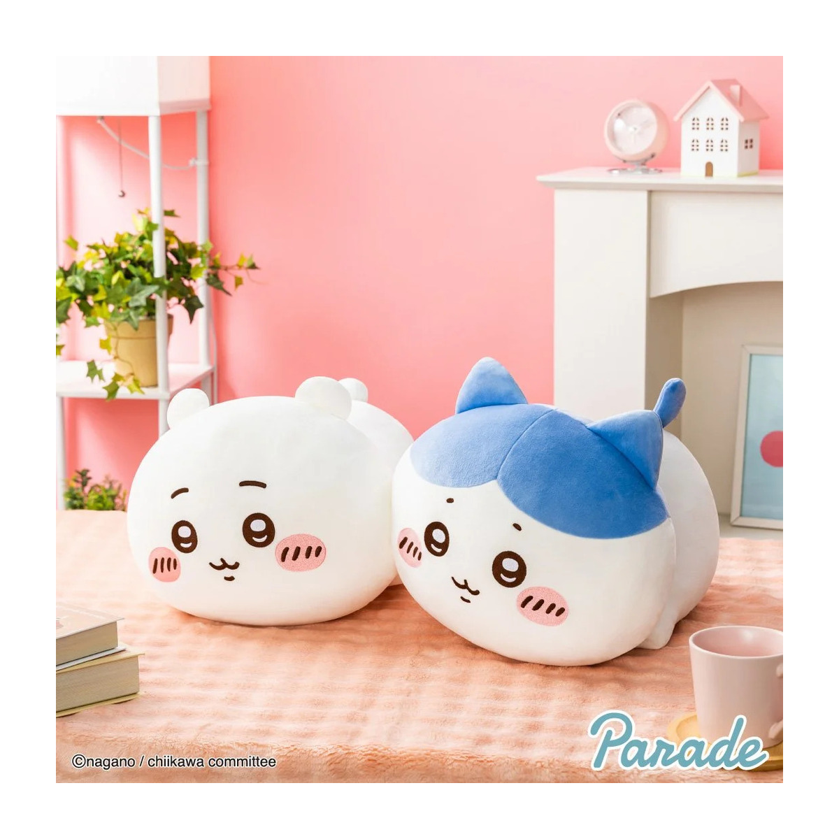 Two Japanese character plush toys (Chiikawa) resting together, an example of plush collectibles.