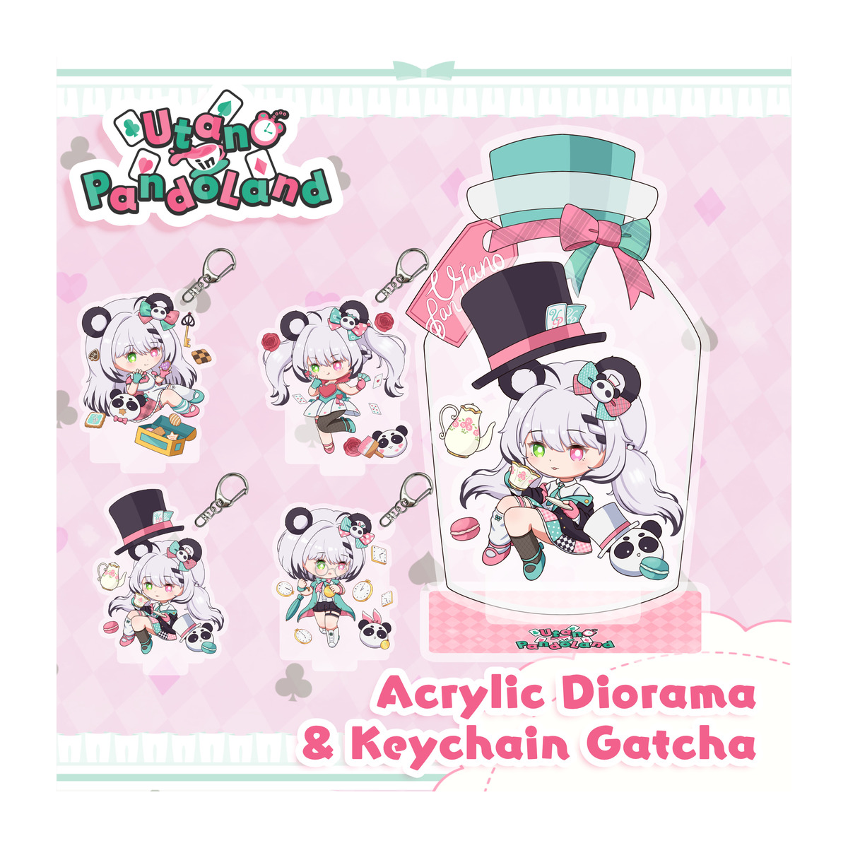 Japanese character merchandise including acrylic stands and keychains.