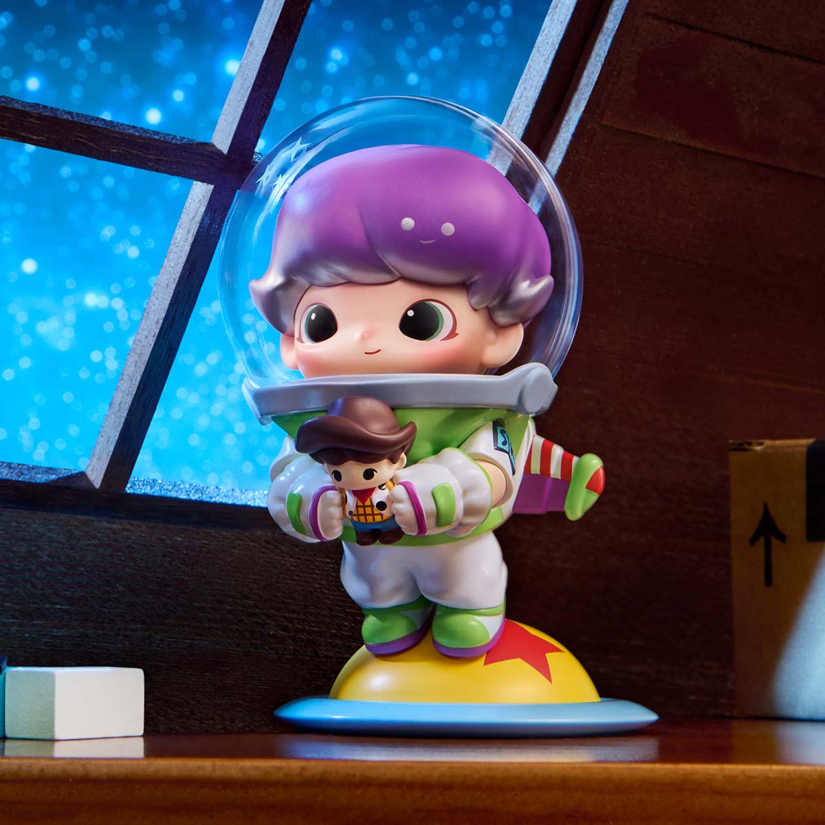Official DIMOO WORLD × PIXAR figure showing DIMOO as Buzz Lightyear holding Woody