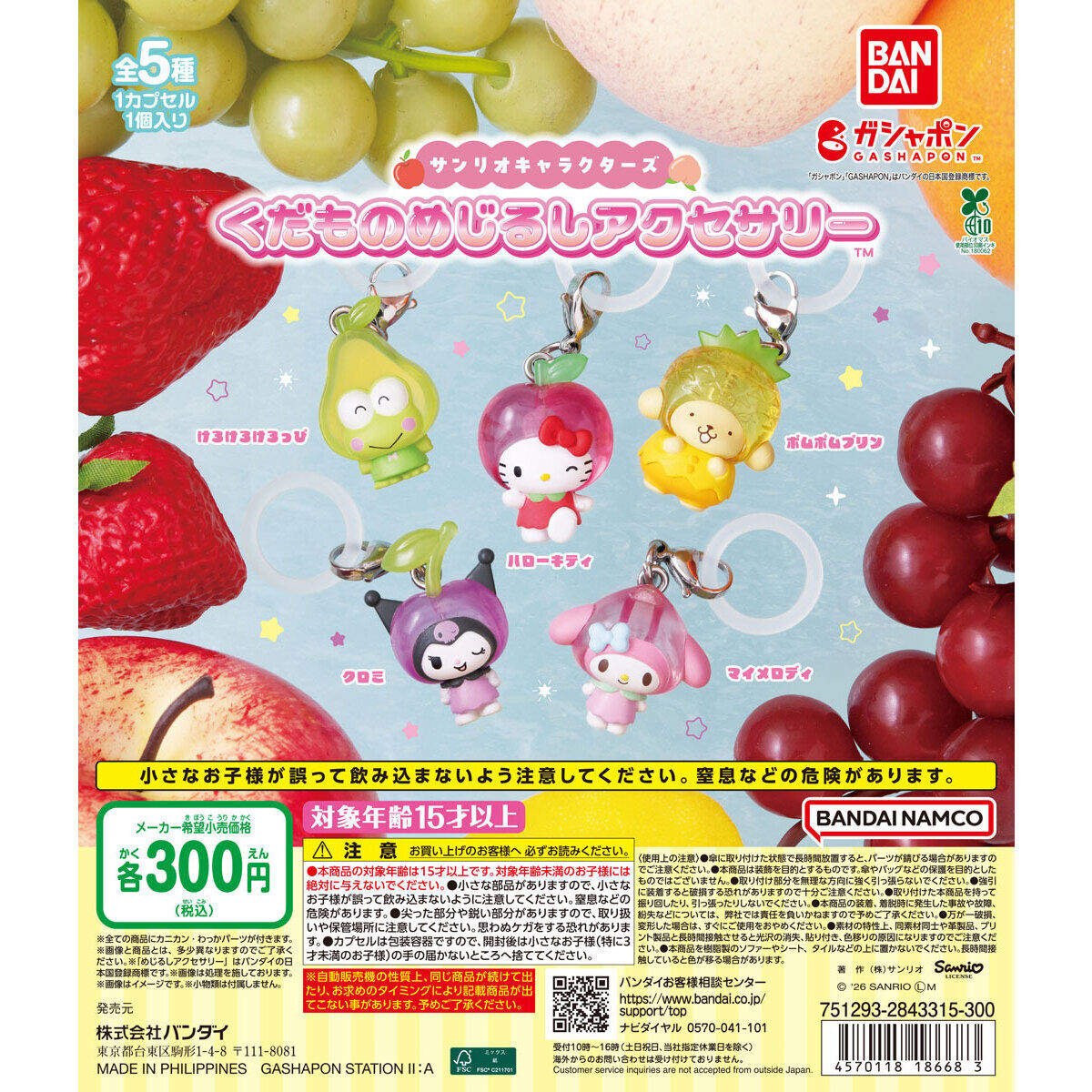 Five official Bandai Sanrio fruit Mejirushi marker charms